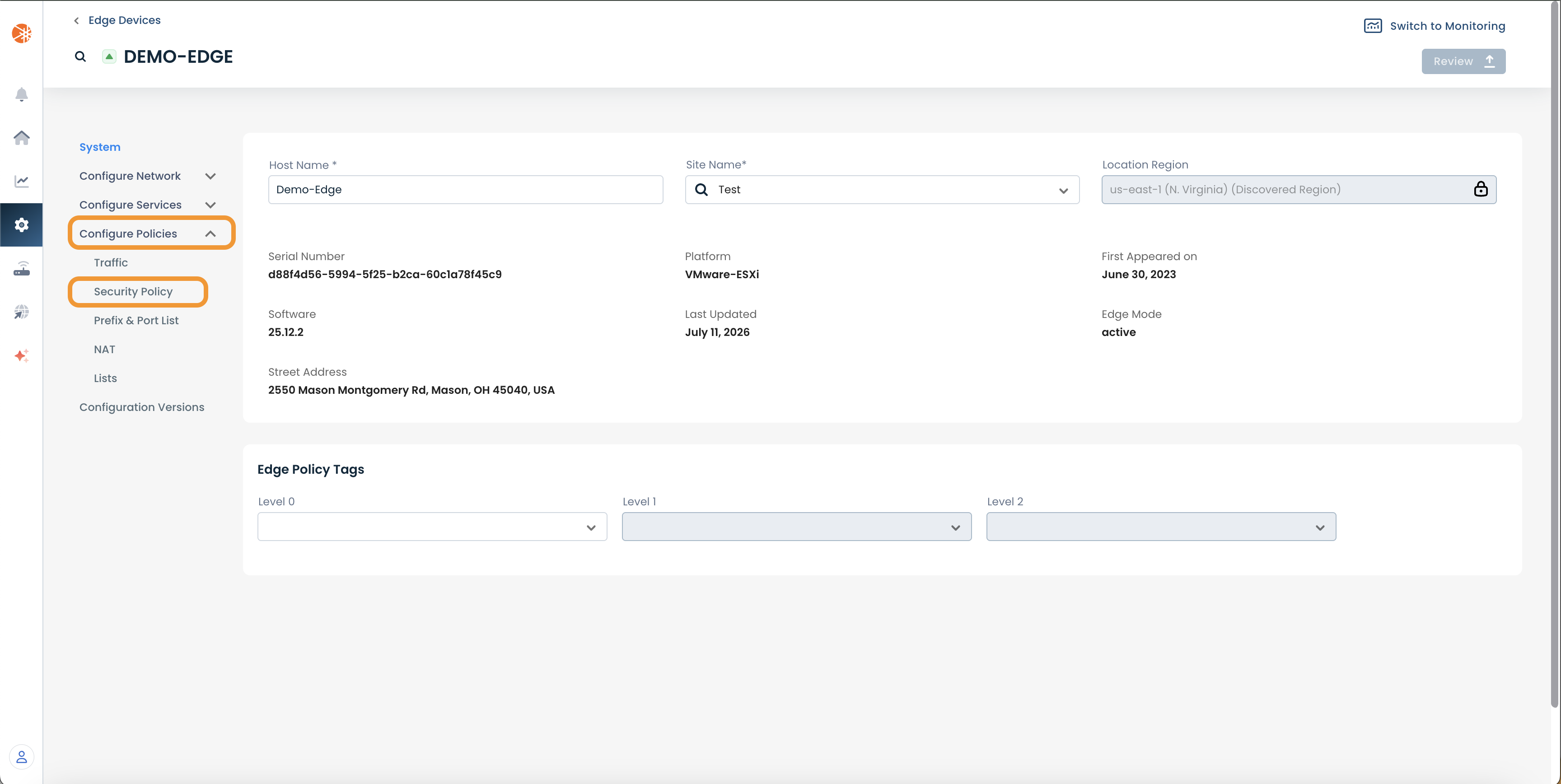 Configuration settings for Demo-Edge, including security policy and network options.